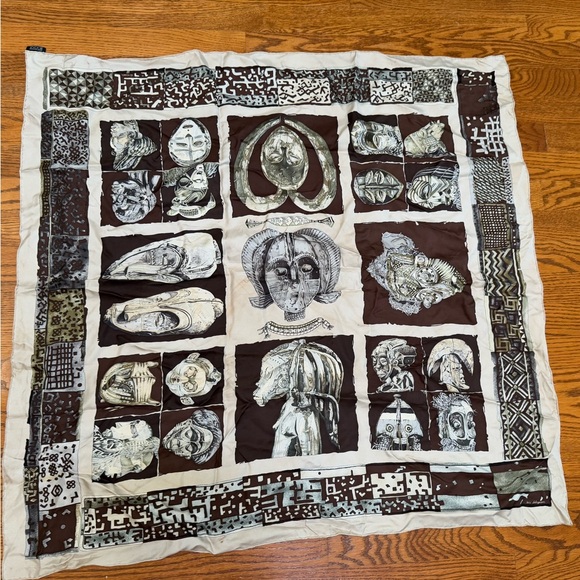 HERMES Loic Dubigeon Silk Scarf -Persona Tribal Masks  1997 - Picture 1 of 3